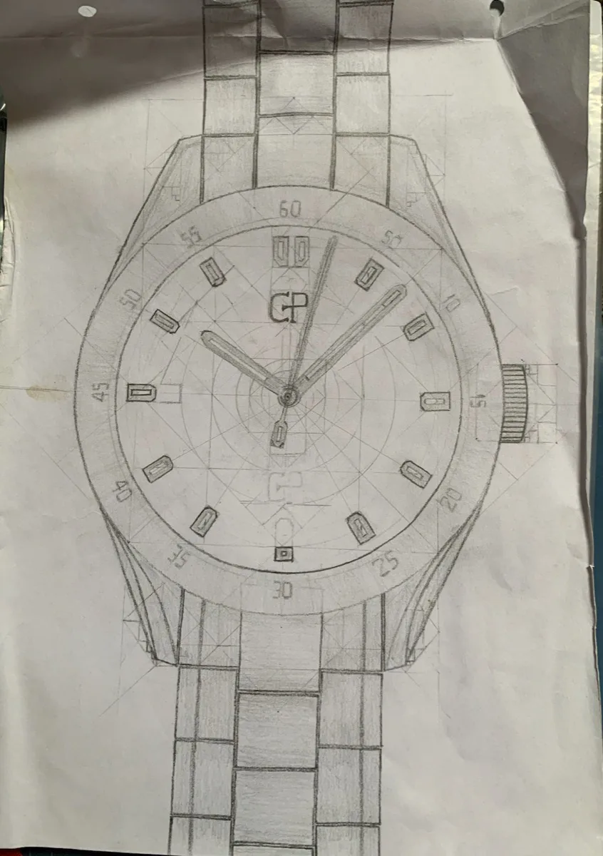 Original pencil sketch of the GP MK-1 watch with geometric construction lines